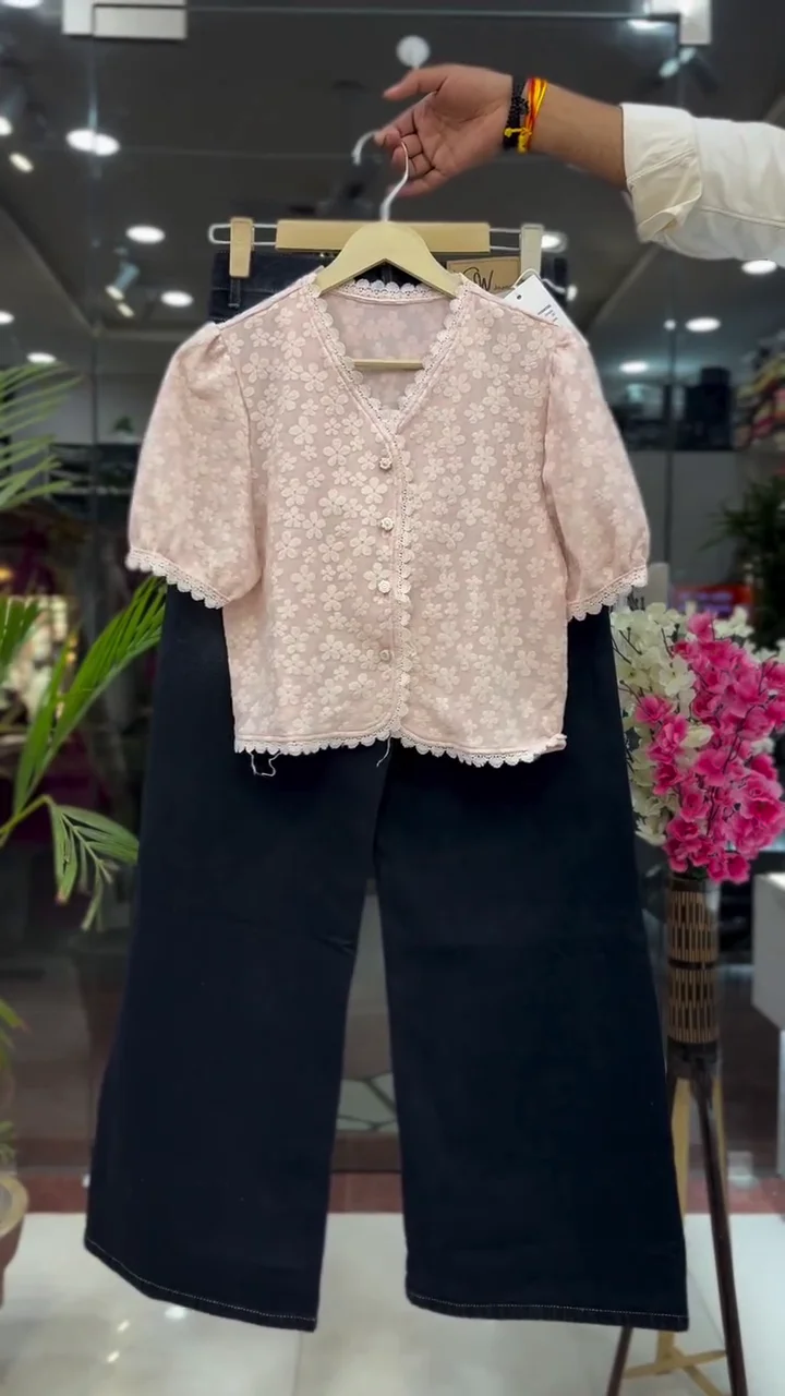 Blush Bloom Lace Detail Crop Top with Elegant Black Wide-Leg Pants Co-Ord Set 🌸✨